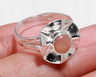 Perzik-maansteenring: sterlingzilveren handgemaakte boho-ring