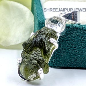 Raw Moldavite & Herkimer Diamond Pendant, 925 Sterling Silver Pendant Necklace, Healing Crystal Gemstone Jewelry, Gift For Mom