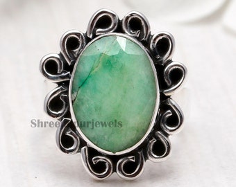 Green Beryl Sterling Silver Ring: Handmade Boho Statement Ring