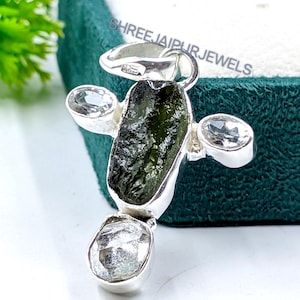 Genuine Moldavite & Herkimer Diamond Pendant, 925 Sterling Silver Pendant Necklace, Healing Crystal Jewelry, Gift For Her