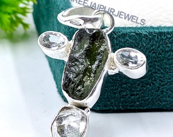 Moldavite & Herkimer Diamond Pendant: Sterling Silver Healing Crystal Necklace