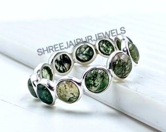 Handmade Moss Agate Eternity Ring: 925 Sterling Silver Gemstone Ring
