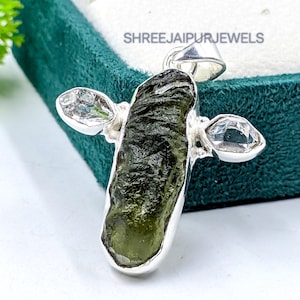 Moldavite & Herkimer Diamond Pendant, 925 Sterling Silver Pendant, Healing Crystal Pendant Necklace, Gift For Her