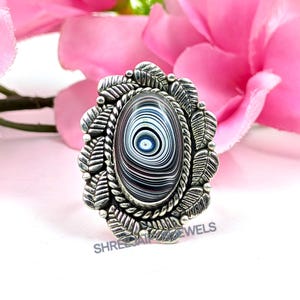 Bague en argent sterling en fordite : agate de Detroit, style bohème