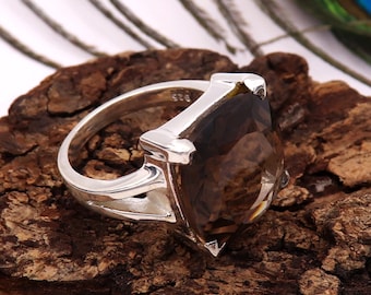 Handmade Smokey Quartz 925 Sterling Silver Ring: Boho Statement Jewelry