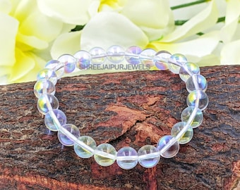 Angel Aura Quartz Bracelet: Multi Fire Gemstone, Unisex 8mm Beaded