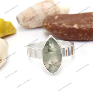 Moss Agate Sterling Silver Ring: Handmade Boho Statement Ring