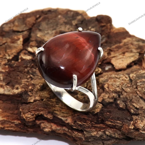 Bague en oeil de tigre rouge Bague en argent oeil de tigre naturel Bague en argent sterling 925 Bague faite à la main Bague en pierre précieuse Bague Boho Bague femme Bague de déclaration