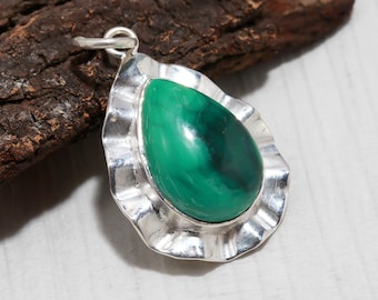 Handmade Pear Malachite Pendant: Sterling Silver Boho Statement