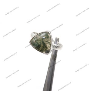 Handmade Trillion Green Moss Agate Ring: 925 Sterling Silver Boho Ring