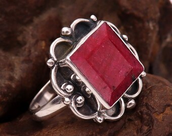 Natural Ruby Sterling Silver Ring: Handmade Boho Statement Ring