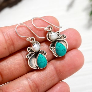 Handmade Turquoise & Pearl Sterling Silver Boho Earrings