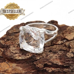 Anillo de cuarzo cristalino transparente hecho a mano: Anillo bohemio de plata de ley 925
