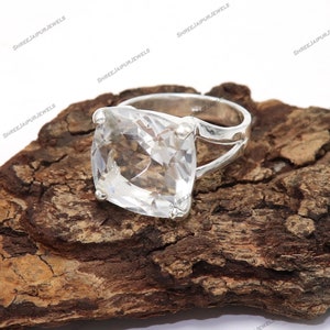 Natural Crystal Quartz Silver Ring Clear Crystal Quartz Cushion Ring 925 Sterling Silver Ring Handmade Ring Gemstone Ring Women&#39;s Boho Ring