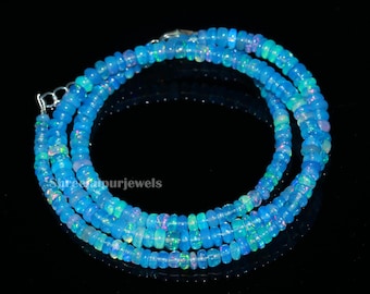 Blue Ethiopian Opal Necklace: 925 Sterling Silver Rondelle Bead Necklace