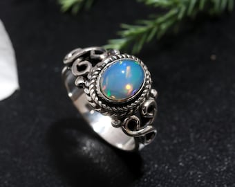 Blue Fire Opal Ring Natural Ethiopian Opal Silver Ring 925 Sterling Silver Ring Boho Ring Stone Ring Handmade Ring Women Ring Gift For Her