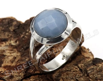 Angelite Sterling Silver Ring: Round Gemstone, Boho Statement Ring