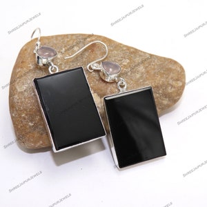 Black Onyx & Rose Quartz Sterling Silver Earrings: Handmade Dangle Jewelry