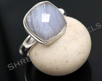 Blue Lace Agate Sterling Silver Ring: Handmade Boho Statement Jewelry
