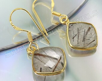 Gold Plated Black Rutile Quartz Earrings: 925 Sterling Silver, Handmade