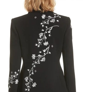 Women Floral Embroidered Blazer Personalized Black Cotton Jacket Gift For Her | Wedding Prom Cocktail Formal Events Party Coat