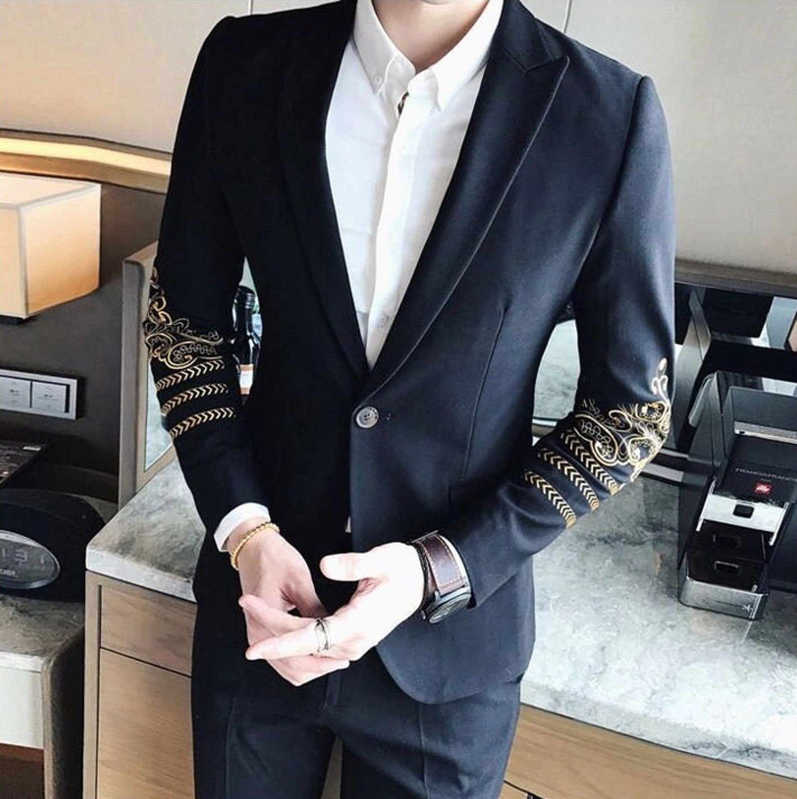 Men Black Embroidered Coat Pants Custom Made Cotton Suit Gift Etsy