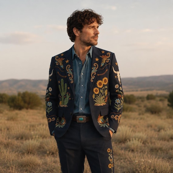 Western Embroidered Wedding Suit for Men, Designer Rodeo Tuxedo, Cactus Groom Suit