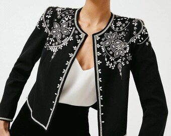 Vintage Jacket Black Crop, Hand-Embellished Womens Wear, Boho Style Customized Jacket