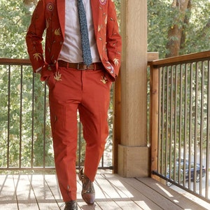 Men Rust Western Floral 2 Piece Suit Custom Made Cotton Pantsuit Notch ...