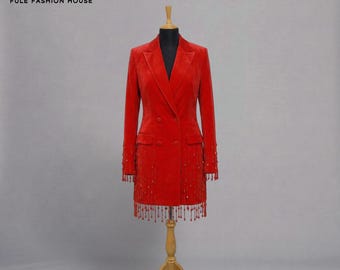 Red Velvet Beaded Fringe Blazer Dress: Custom Party Coat