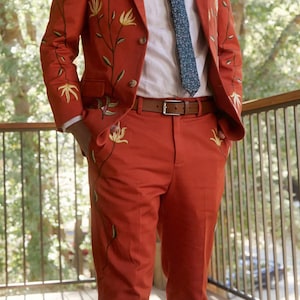 Men Rust Western Floral 2 Piece Suit Custom Made Cotton Pantsuit Notch ...
