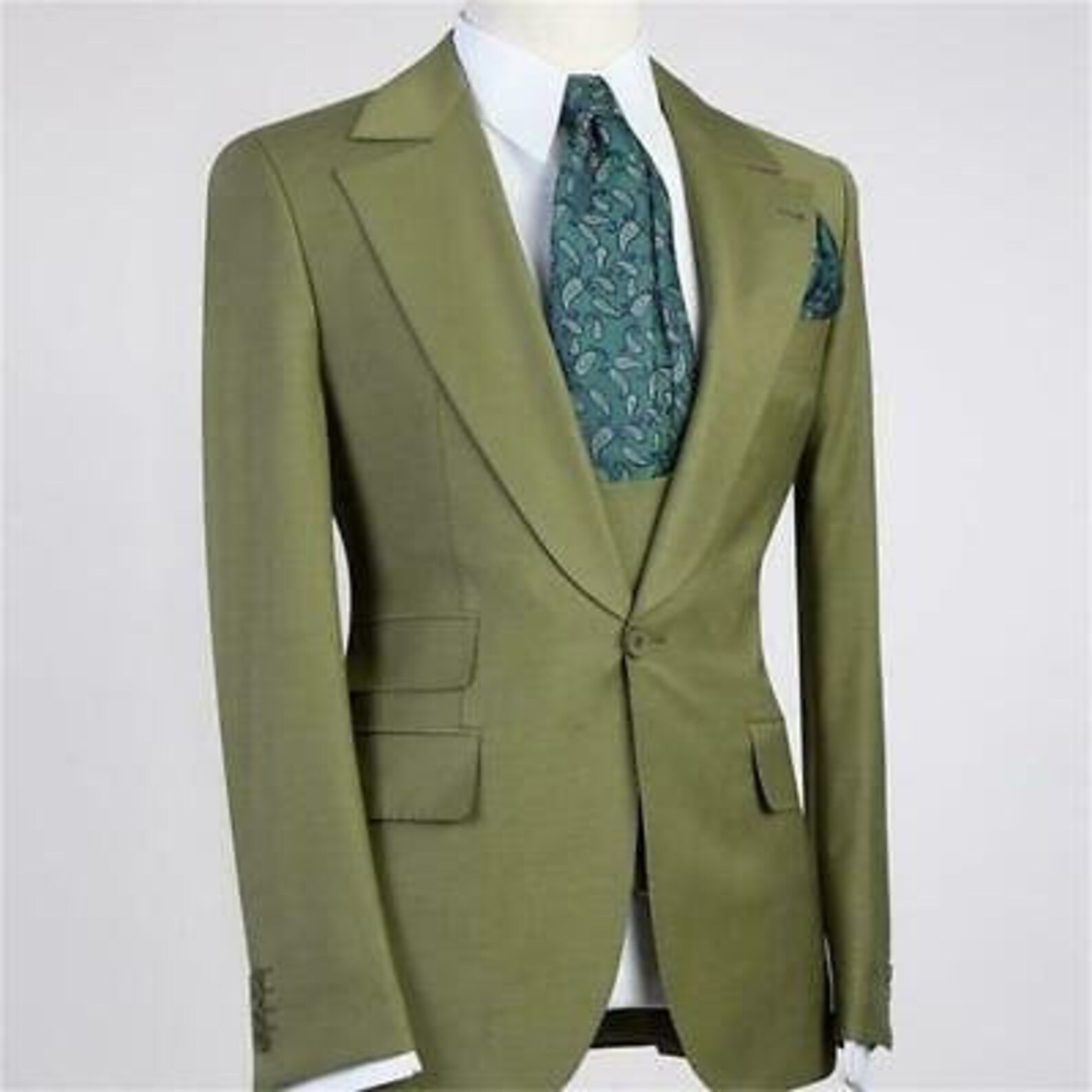 Vintage Olive Green Peak Lapel Slim Fit Single Breasted Solid Color Men's Vest main image 1