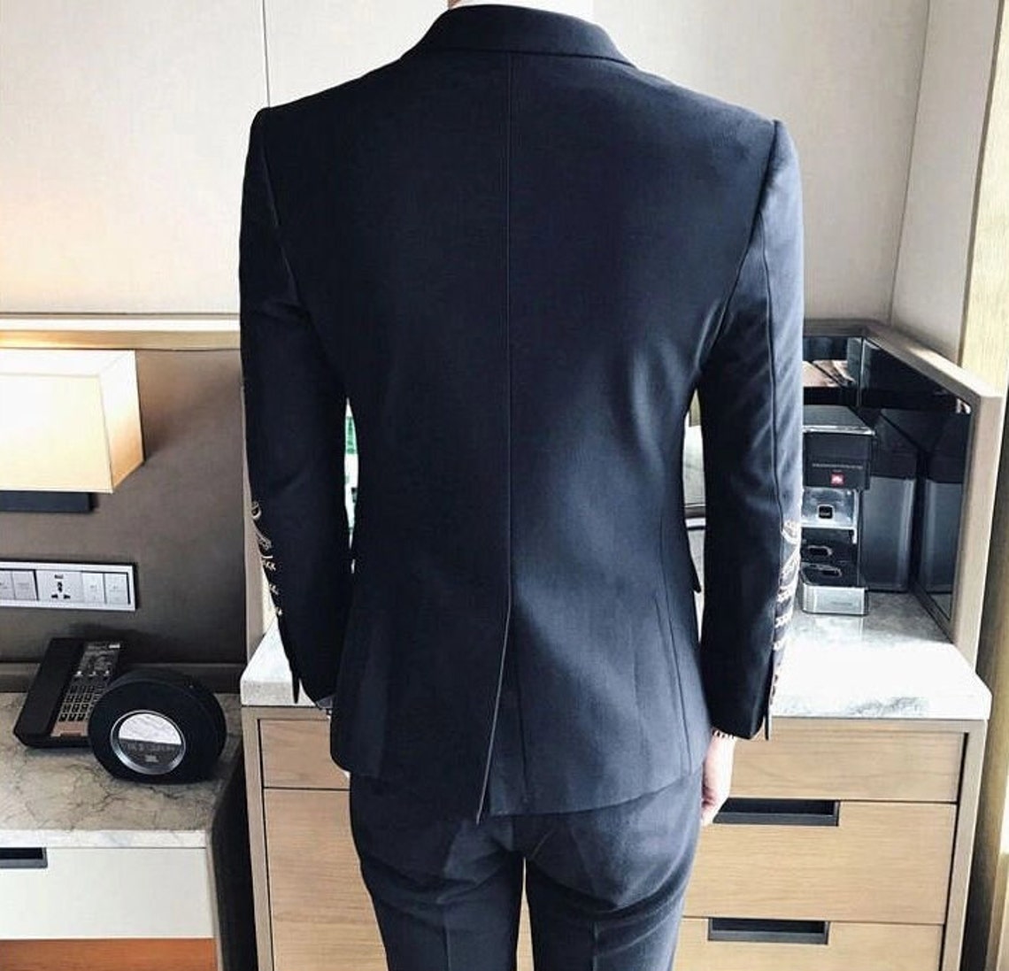 Men Black Embroidered Coat Pants Custom Made Cotton Suit Gift Etsy