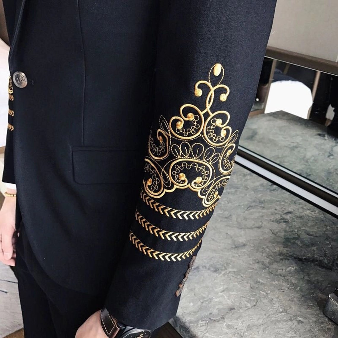 Men Black Embroidered Coat Pants Custom Made Cotton Suit Gift Etsy