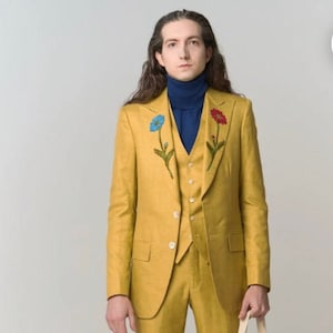 Custom Men&#39;s Mustard Floral Embroidered 3Pc Suit