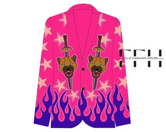 Women Embroidered Fuchsia Pink Custom made 2pc Designer Coat Pant Wedding Events Prom Party Wear western hippie cowboy look for her