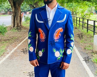 Custom Men’s 2pc Suit Embroidered Embellished With Rhinestone For Wedding Groom Groomsmen Event Prom Cowboy Party Wear for Him