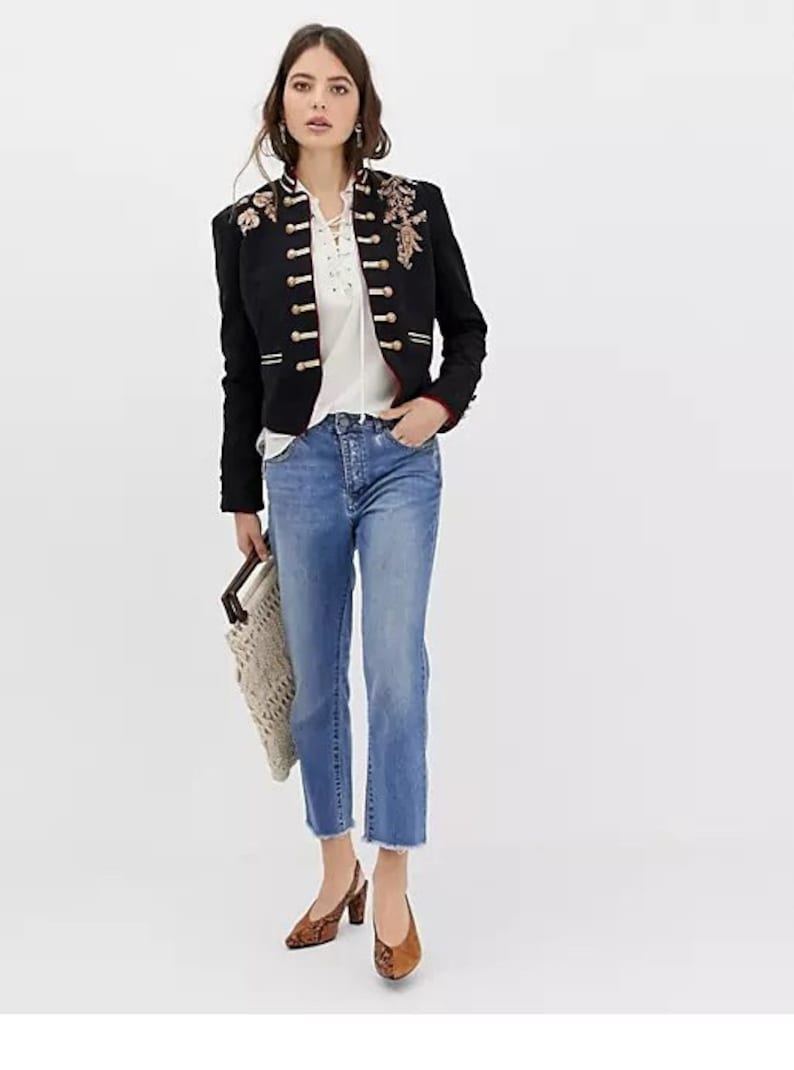 Women's Black Embroidered Military Blazer: Custom Designer Jacket