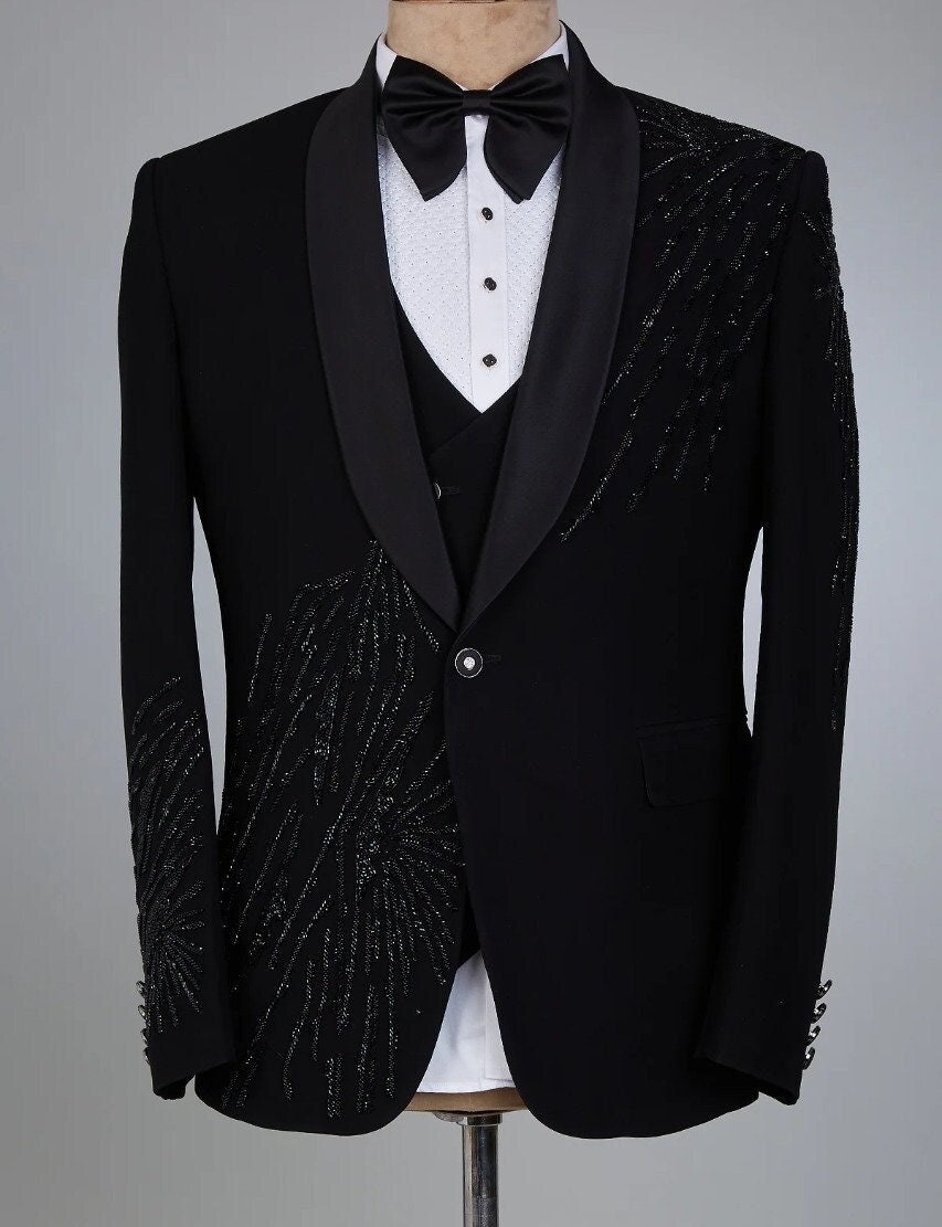 Men Black Tuxedo Suit 3pc Hand Embroidered Premium Cotton - Etsy