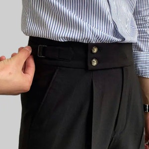 Men Black Cotton Pant Pleated Gurkha Trouser Bottom Cuff Custom Made High Waist Regular Fit Slant Pockets Business Formal Wear Gift For Him