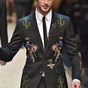 Mens Embroidered Black Cotton Suit: Custom Made 2Pc Set