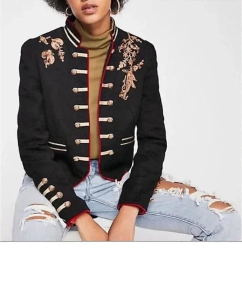 Women's Black Embroidered Military Blazer: Custom Designer Jacket