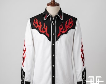 Custom Flame Western Embroidered Shirt | Black White Cowboy Shirt