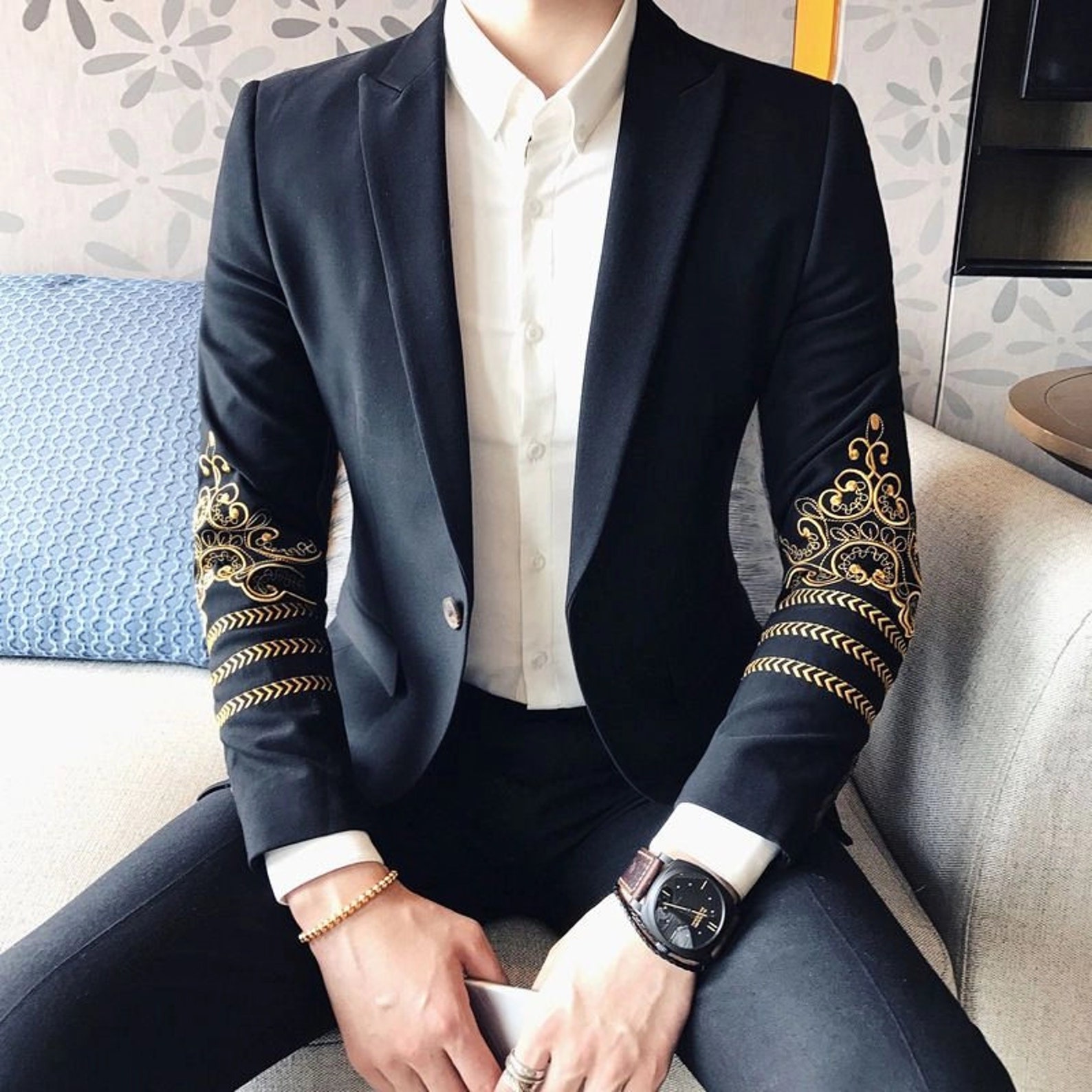 Men Black Embroidered Coat Pants Custom Made Cotton Suit Gift Etsy