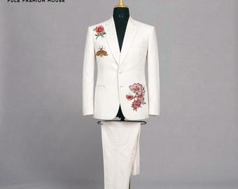 Blazer blanco bordado a mano: ropa formal de algodón personalizada