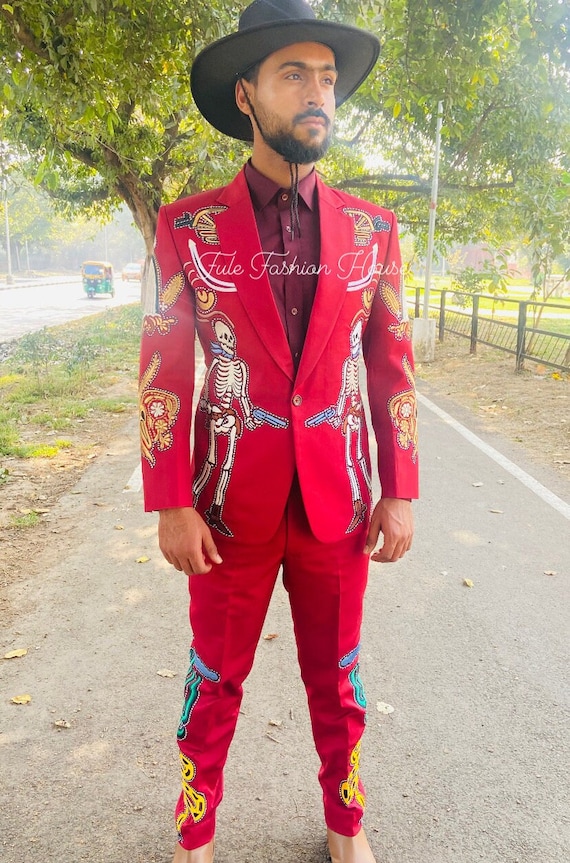 Men Western Suits 2 Piece Cowboy Pantsuit Red Cotton Customized Skeleton  Embroidered Prom Wedding Formal Outfit Cocktail Attire Gift for Him -   Canada