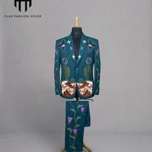 Teal Western Suit – Hand-Embroidered Bull Skull, Thistle, Cactus – Boho Cowboy Tuxedo