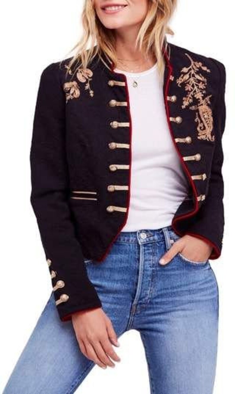 Women's Black Embroidered Military Blazer: Custom Designer Jacket