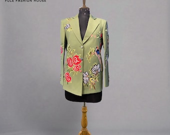 Women Wear Green Cotton Embroidered Blazer: Formal Bird & Floral Jacket