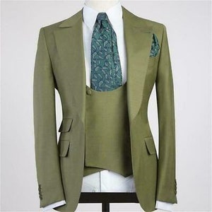 Vintage Olive Green Peak Lapel Slim Fit Single Breasted Solid Color Men's Vest main image 0